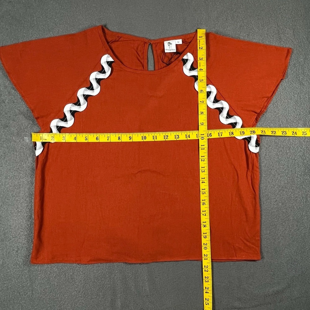 Tropiko Women Top Rust Orange Linen Blend M Boho Ric Rac Trim Short‎ Sleeve - Picture 4 of 7